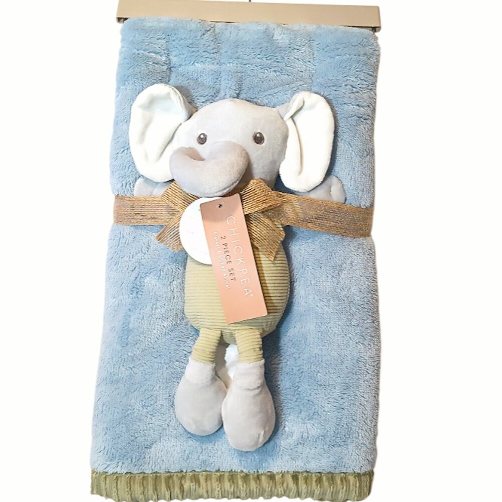 2025 Chick Pea Elephant Blue Green Ribbed Trim Lovey Blanket Set 30" X 36" NEW
